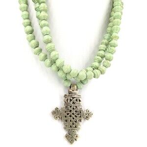 Ethiopian Coptic Cross Egyptian Necklace Green Beaded Toggle Statement Amulet